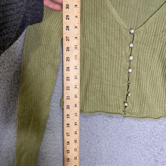 Pink Robin womens S green cropped cardagain Y2K pearl buttons ribbed stretch - Picture 3 of 8